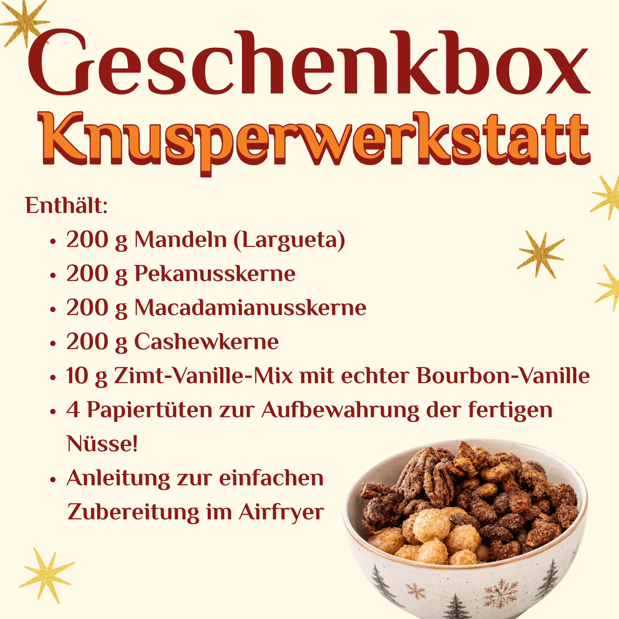 Geschenkbox "Knusperwerkstatt - Gebrannte Nüsse aus dem Airfryer"