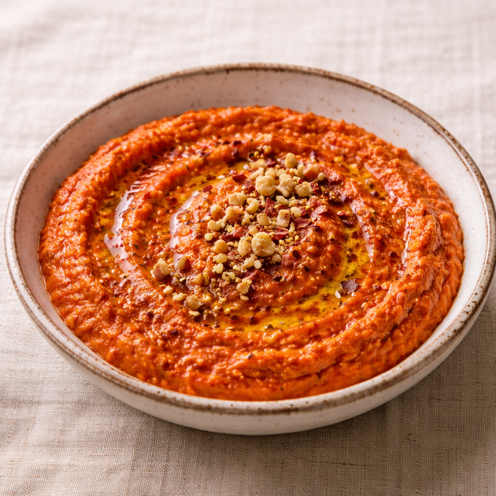 Muhammara - Pikanter Dip aus gerösteter Paprika, Walnuss und Granatapfel