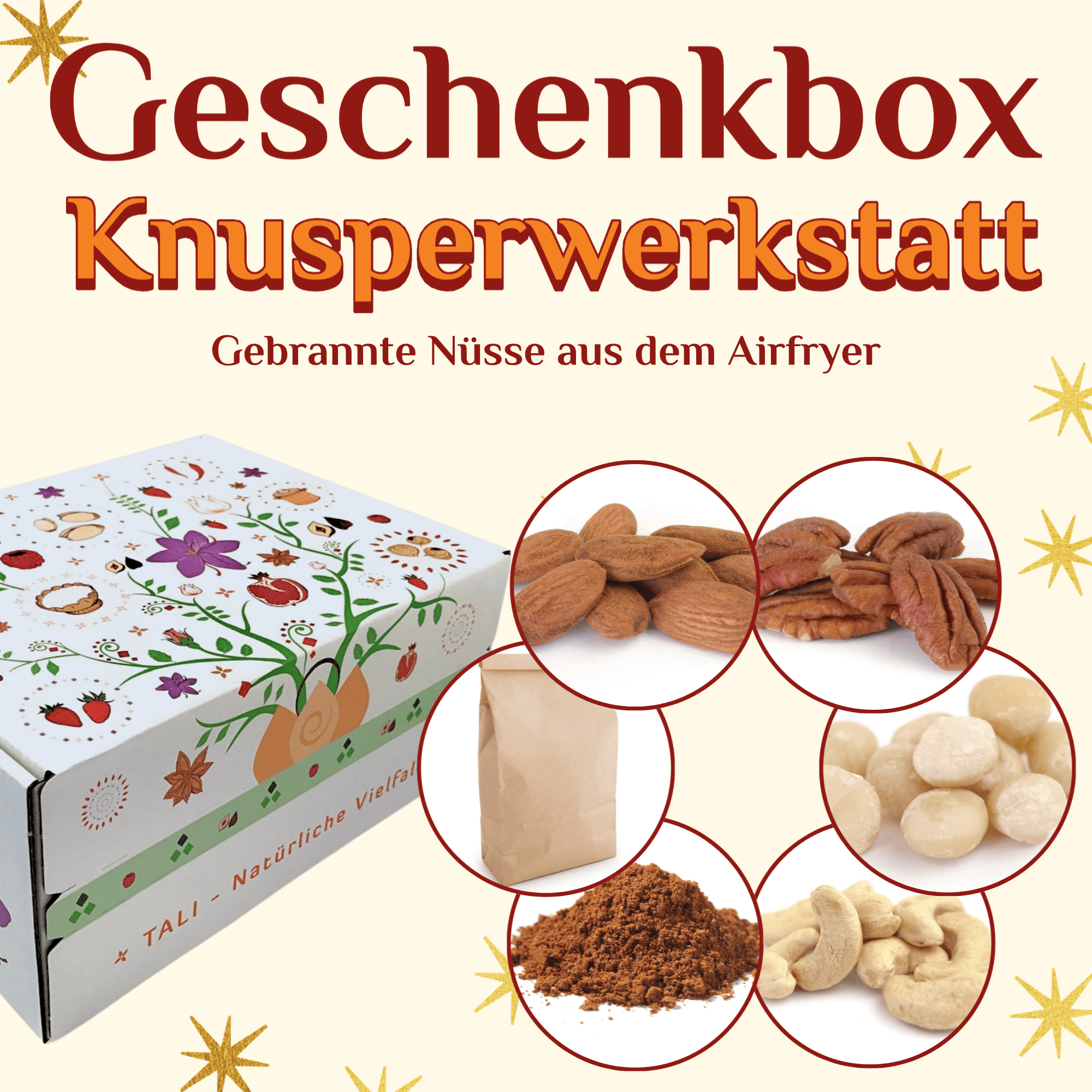 Geschenkbox "Knusperwerkstatt - Gebrannte Nüsse aus dem Airfryer"