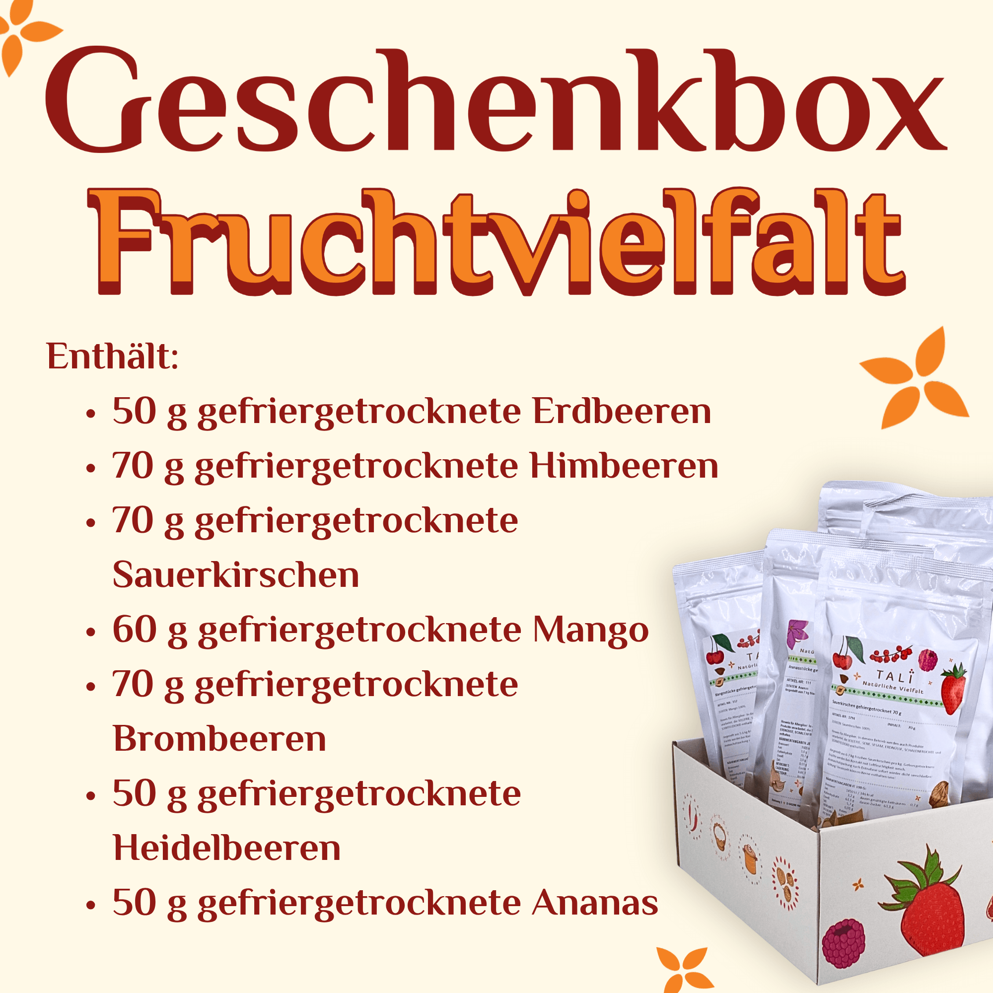 Geschenkbox Fruchtvielfalt - 7 Sorten gefriergetrocknete Früchte