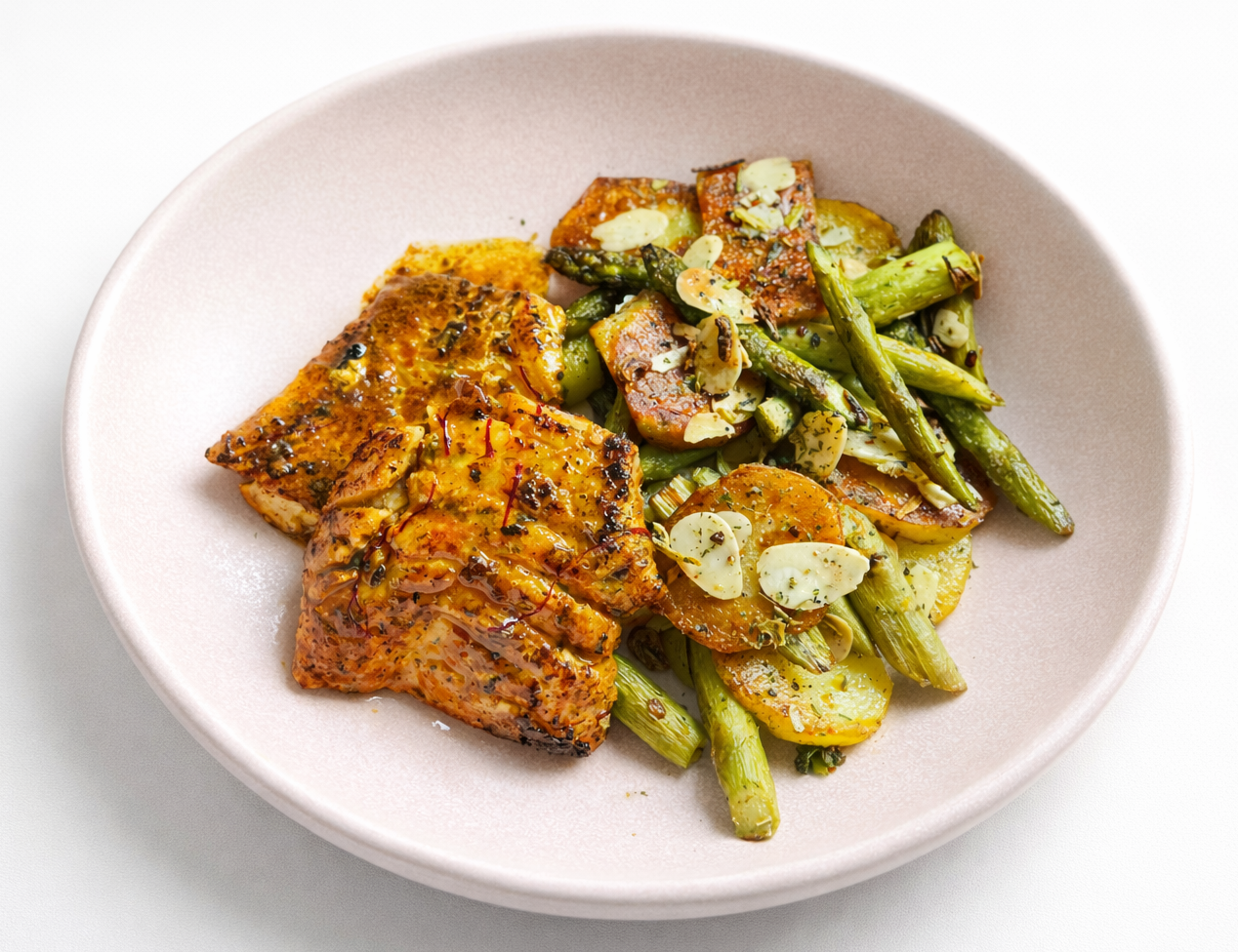 Zarter Fisch in Orangen-Safran-Butter mit Spargel-Bratkartoffeln