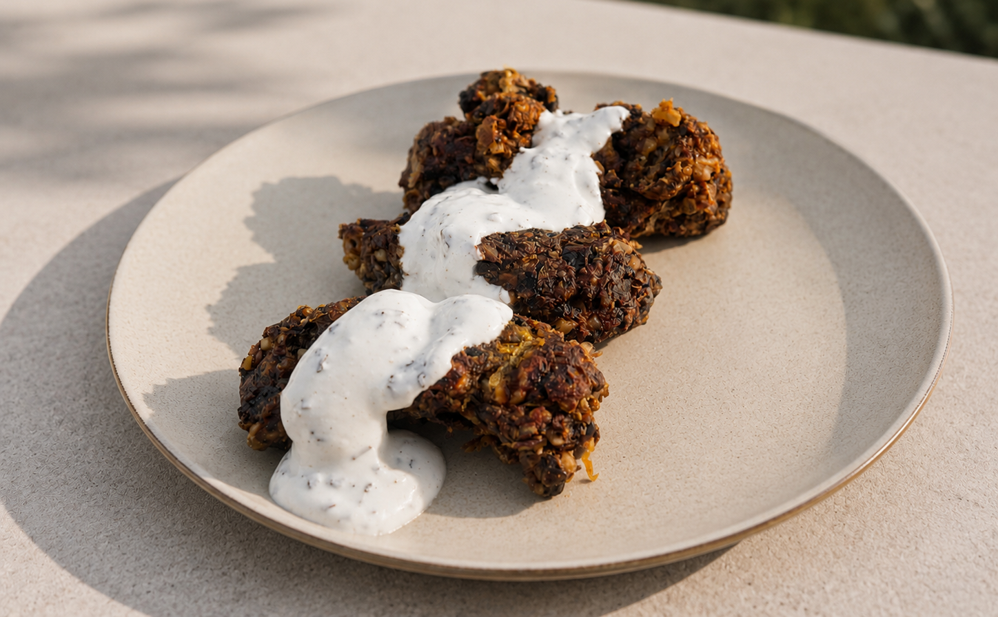Veganer Kebab nach Koobideh Art mit Pilzen und Walnüssen
