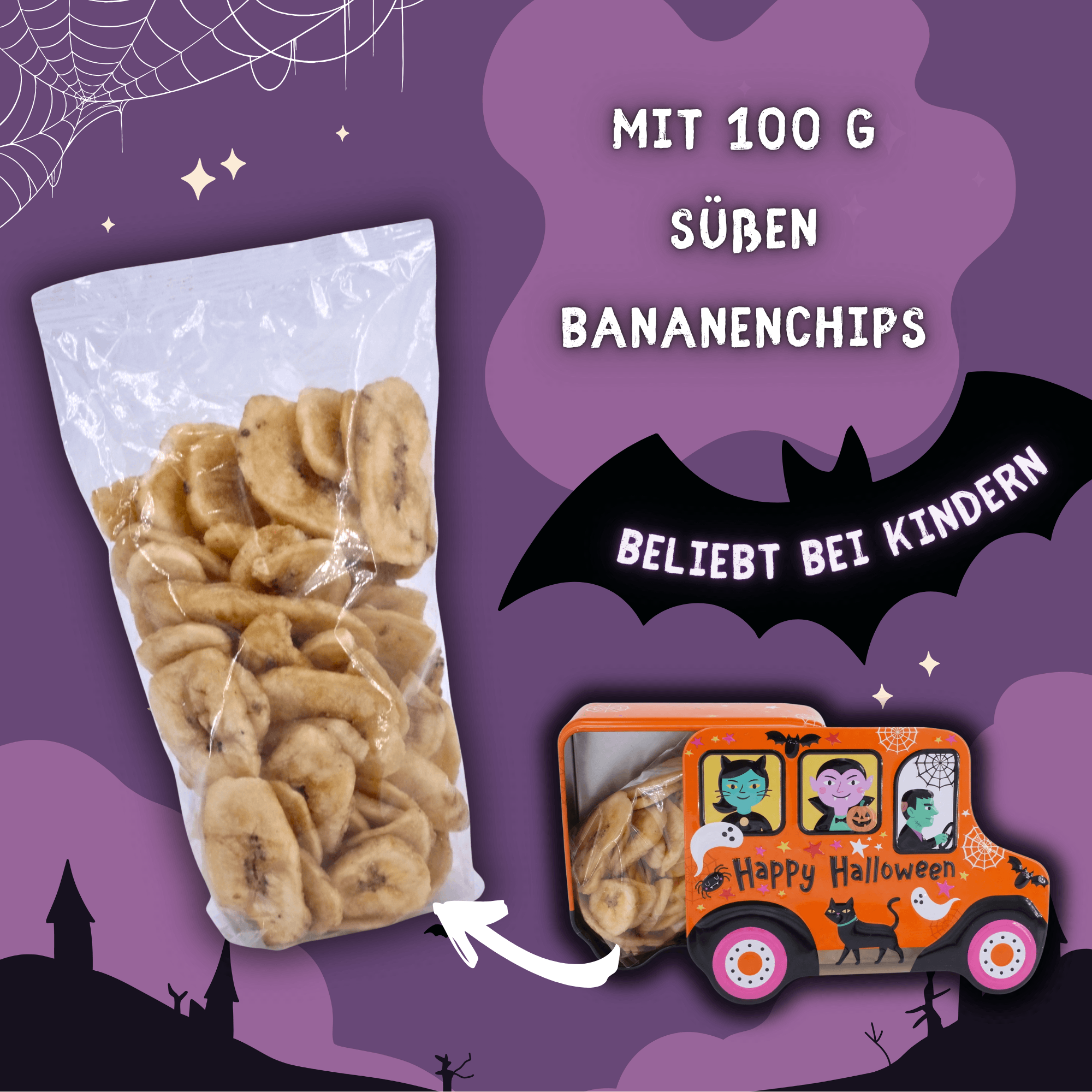 Halloween-Dose SWEET - gefüllt mit 100 g Bananenchips