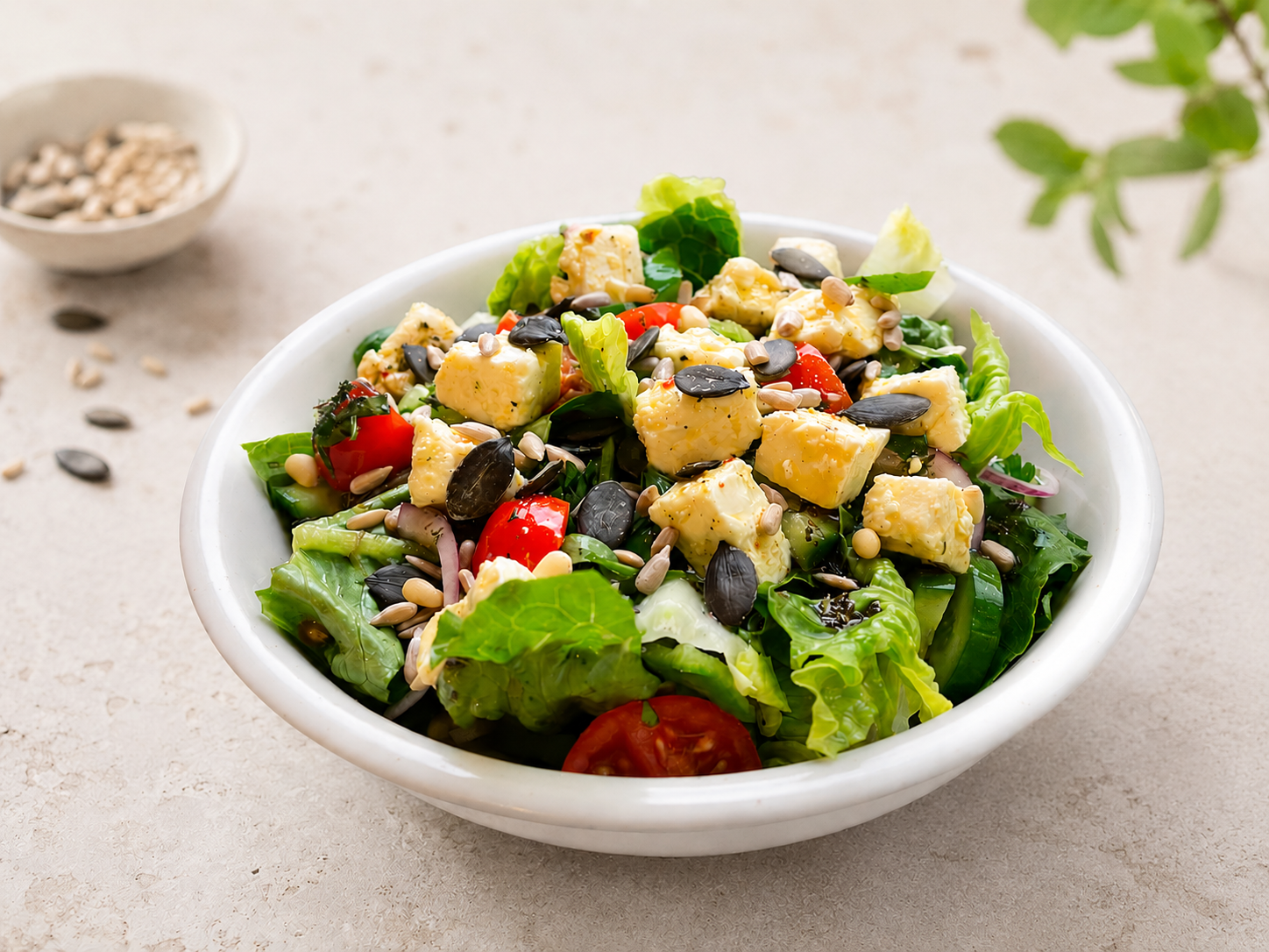 Mediterraner Salat mit mariniertem Feta & Minz-Dressing