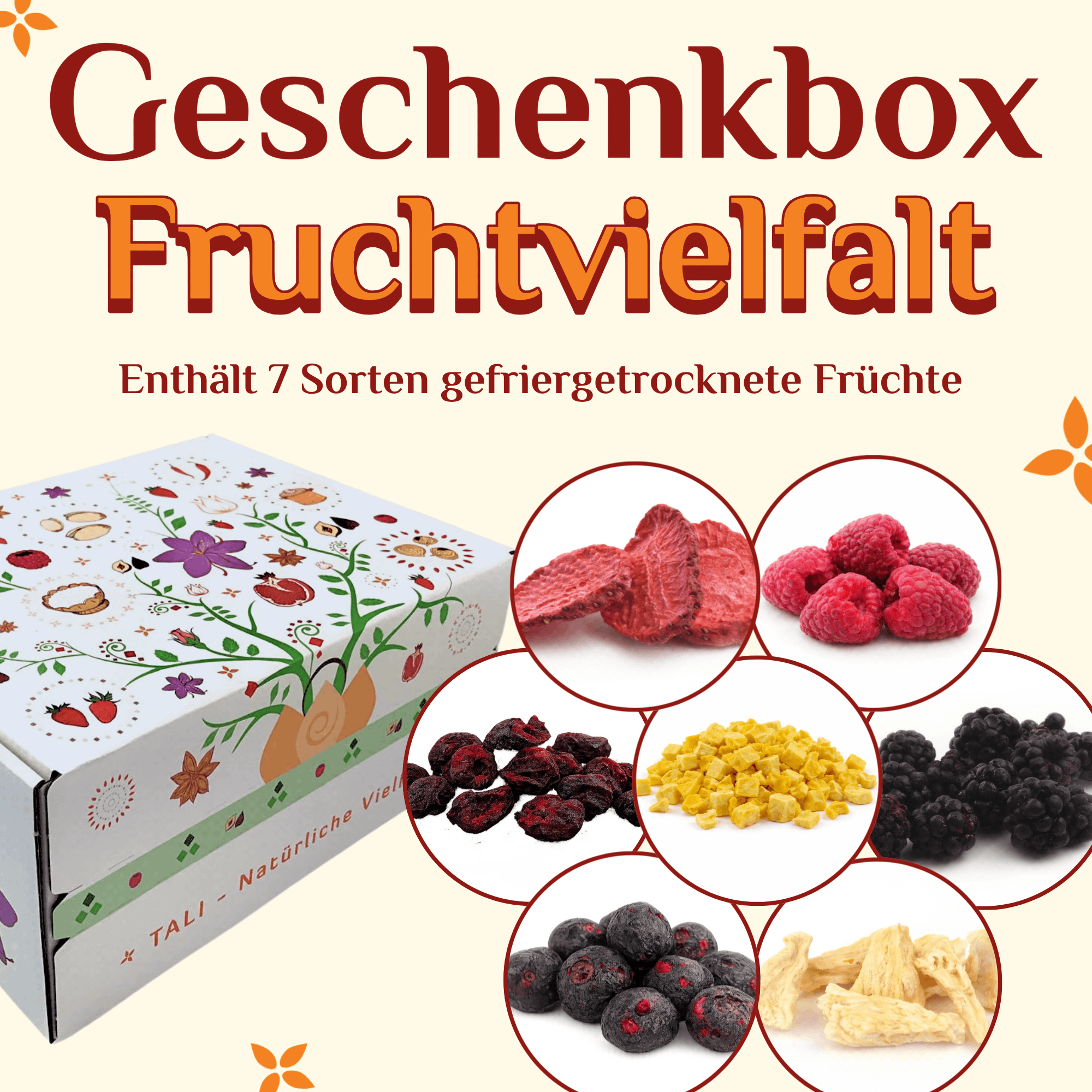 Geschenkbox Fruchtvielfalt - 7 Sorten gefriergetrocknete Früchte
